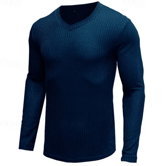 Outlet OUKU Men's T Shirt Ribbed Knit tee Tee Top Long Sleeve V Neck Summer Plain Pit Strip Fashion Designer Basic Vacation Street Going out Wine Black White Top Tee for Men