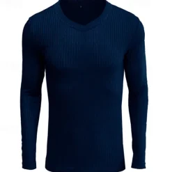 Outlet OUKU Men's T Shirt Ribbed Knit tee Tee Top Long Sleeve V Neck Summer Plain Pit Strip Fashion Designer Basic Vacation Street Going out Wine Black White Top Tee for Men