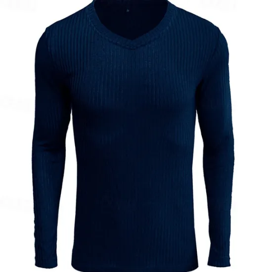 Outlet OUKU Men's T Shirt Ribbed Knit tee Tee Top Long Sleeve V Neck Summer Plain Pit Strip Fashion Designer Basic Vacation Street Going out Wine Black White Top Tee for Men