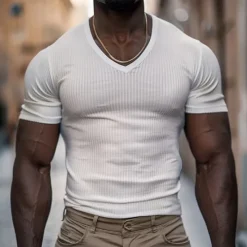 Sale OUKU Men's T Shirt Ribbed Knit tee Tee Top Short Sleeves V Neck Summer Plain Pit Strip Fashion Designer Basic Buttons Vacation Street Going out Black White Navy Blue Top Tee for Men