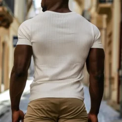 Sale OUKU Men's T Shirt Ribbed Knit tee Tee Top Short Sleeves V Neck Summer Plain Pit Strip Fashion Designer Basic Buttons Vacation Street Going out Black White Navy Blue Top Tee for Men