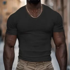 Sale OUKU Men's T Shirt Ribbed Knit tee Tee Top Short Sleeves V Neck Summer Plain Pit Strip Fashion Designer Basic Buttons Vacation Street Going out Black White Navy Blue Top Tee for Men