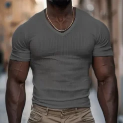 Sale OUKU Men's T Shirt Ribbed Knit tee Tee Top Short Sleeves V Neck Summer Plain Pit Strip Fashion Designer Basic Buttons Vacation Street Going out Black White Navy Blue Top Tee for Men
