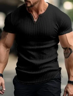 Best OUKU Men's T Shirt Ribbed Knit tee Tee Top Short Sleeves V Neck Summer Plain Pit Strip Fashion Designer Basic Vacation Street Going out Black White Khaki Top Tee for Men