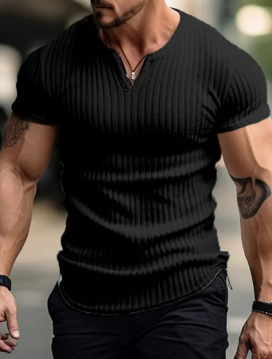 Best OUKU Men's T Shirt Ribbed Knit tee Tee Top Short Sleeves V Neck Summer Plain Pit Strip Fashion Designer Basic Vacation Street Going out Black White Khaki Top Tee for Men
