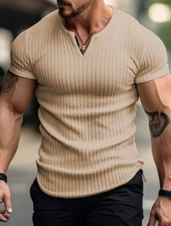 Best OUKU Men's T Shirt Ribbed Knit tee Tee Top Short Sleeves V Neck Summer Plain Pit Strip Fashion Designer Basic Vacation Street Going out Black White Khaki Top Tee for Men