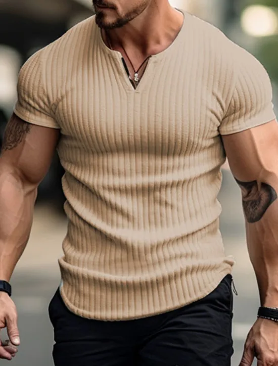 Best OUKU Men's T Shirt Ribbed Knit tee Tee Top Short Sleeves V Neck Summer Plain Pit Strip Fashion Designer Basic Vacation Street Going out Black White Khaki Top Tee for Men