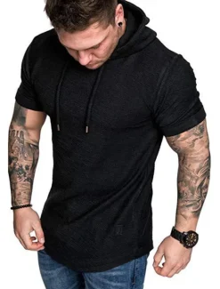 Outlet OUKU Men's T Shirt Short Sleeve Hooded Spring & Summer Plain Simple Muscle Black White Army Green Top Tee for Men