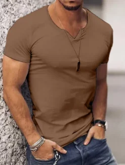 Discount OUKU Men's T Shirt Short Sleeves V Neck Summer Plain Streetwear Stylish Modern Style Vacation Going out Casual Daily Black White Pink Top Tee for Men