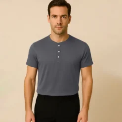 Best OUKU Men's T Shirt Short Sleeve Solid Daily Casual Button Up Quick Dry Henley School Outdoor Vacation All Seasons Dark Grey Black White Henley T-Shirt