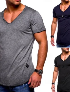 Discount OUKU Men's T shirt Short Sleeve Solid Color V-neck Casual Daily Tops Basic Casual / Summer