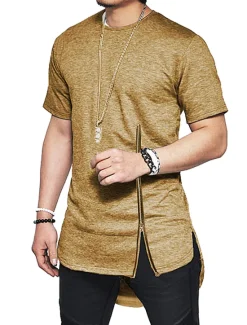 OUKU Men's T Shirt Short Sleeve Crew Neck Summer Plain Fashion Lightweight Muscle Zipper Asymmetric Vacation Casual Holiday Black White Top Tee for Men