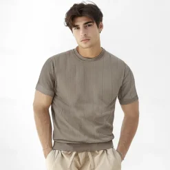 OUKU Men's T Shirt Short Sleeve Crew Neck Summer Spring Vertical Stripes Knitwear Elegant Vacation Knitting School Vacation Home Dark Red Black White Top Tee for Men
