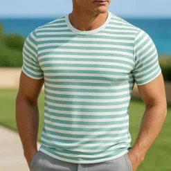 Clearance OUKU Men's T Shirt Short Sleeve Crew Neck Summer Striped Fashion Designer Basic Classic Vacation Street Going out Top Tee for Men Green