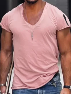 Hot OUKU Men's T Shirt Short Sleeve V Neck Spring & Summer Plain Fashion Streetwear Pink Sports & Outdoor Sport Going out Black White Pink Top Tee for Men