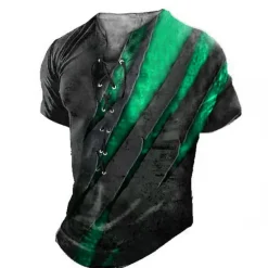 Hot OUKU Men's T Shirt Tee Graphic Color Block Collar Clothing Apparel 3D Print Casual Daily Sports Going out Short Sleeve Lace up Print Polyester Vintage Fashion Designer