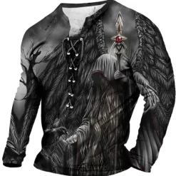 Sale OUKU Men's T shirt Tee Graphic Skulls Collar Clothing Apparel 3D Print Daily Going out Long Sleeve Lace up Print Fashion Designer Comfortable