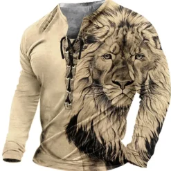 Sale OUKU Men's T Shirt Tee Graphic Lion Collar Clothing Apparel 3D Print Casual Daily Going out Long Sleeve Lace up Print Polyester Vintage Fashion Designer Stylish Comfortable