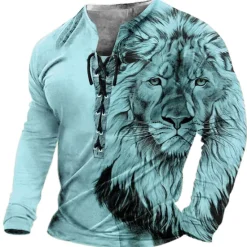 Sale OUKU Men's T Shirt Tee Graphic Lion Collar Clothing Apparel 3D Print Casual Daily Going out Long Sleeve Lace up Print Polyester Vintage Fashion Designer Stylish Comfortable