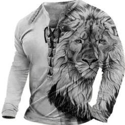 Sale OUKU Men's T Shirt Tee Graphic Lion Collar Clothing Apparel 3D Print Casual Daily Going out Long Sleeve Lace up Print Polyester Vintage Fashion Designer Stylish Comfortable