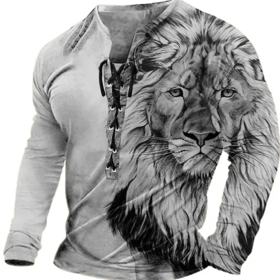 Sale OUKU Men's T Shirt Tee Graphic Lion Collar Clothing Apparel 3D Print Casual Daily Going out Long Sleeve Lace up Print Polyester Vintage Fashion Designer Stylish Comfortable