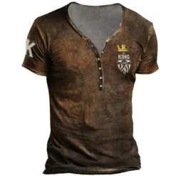 New OUKU Men's T shirt Tee Henley Shirt Skull Graphic Prints Henley Black Army Green Brown Khaki 3D Print Outdoor Casual Short Sleeve Button-Down Print Clothing Apparel Stylish Lightweight Vintage Breathable