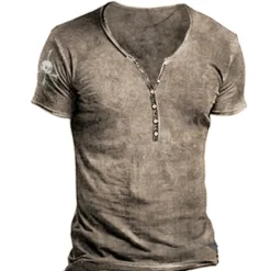 New OUKU Men's T shirt Tee Henley Shirt Skull Graphic Prints Henley Black Army Green Brown Khaki 3D Print Outdoor Casual Short Sleeve Button-Down Print Clothing Apparel Stylish Lightweight Vintage Breathable