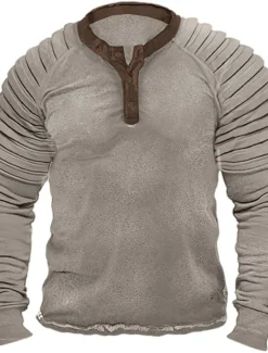 Best OUKU Men's T shirt Tee Henley Shirt Cool Shirt Long Sleeve Shirt Plain Slim Pleated Henley Street Vacation Long Sleeve Clothing Apparel Designer Basic Modern Contemporary