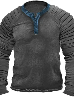 Best OUKU Men's T shirt Tee Henley Shirt Cool Shirt Long Sleeve Shirt Plain Slim Pleated Henley Street Vacation Long Sleeve Clothing Apparel Designer Basic Modern Contemporary
