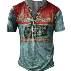 Outlet OUKU Men's T shirt Tee Henley Shirt Tee Graphic Motorcycle Henley Blue red Red Blue Purple Green 3D Print Plus Size Outdoor Casual Short Sleeve Button-Down Print Clothing Apparel Designer Stylish Retro