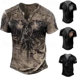 New OUKU Men's T shirt Tee Henley Shirt Graphic Skull Eagle Henley Black-White Black / Gray Black Blue Brown Street Casual Short Sleeve Button-Down Print Clothing Apparel Stylish Vintage Basic Classic