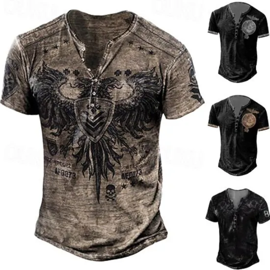 New OUKU Men's T shirt Tee Henley Shirt Graphic Skull Eagle Henley Black-White Black / Gray Black Blue Brown Street Casual Short Sleeve Button-Down Print Clothing Apparel Stylish Vintage Basic Classic