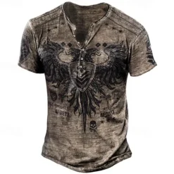 New OUKU Men's T shirt Tee Henley Shirt Graphic Skull Eagle Henley Black-White Black / Gray Black Blue Brown Street Casual Short Sleeve Button-Down Print Clothing Apparel Stylish Vintage Basic Classic