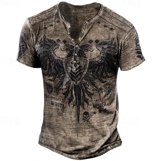 New OUKU Men's T shirt Tee Henley Shirt Graphic Skull Eagle Henley Black-White Black / Gray Black Blue Brown Street Casual Short Sleeve Button-Down Print Clothing Apparel Stylish Vintage Basic Classic