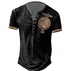 New OUKU Men's T shirt Tee Henley Shirt Graphic Skull Eagle Henley Black-White Black / Gray Black Blue Brown Street Casual Short Sleeve Button-Down Print Clothing Apparel Stylish Vintage Basic Classic