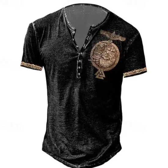 New OUKU Men's T shirt Tee Henley Shirt Graphic Skull Eagle Henley Black-White Black / Gray Black Blue Brown Street Casual Short Sleeve Button-Down Print Clothing Apparel Stylish Vintage Basic Classic
