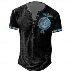 New OUKU Men's T shirt Tee Henley Shirt Graphic Skull Eagle Henley Black-White Black / Gray Black Blue Brown Street Casual Short Sleeve Button-Down Print Clothing Apparel Stylish Vintage Basic Classic