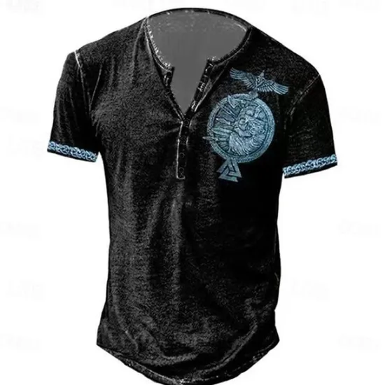New OUKU Men's T shirt Tee Henley Shirt Graphic Skull Eagle Henley Black-White Black / Gray Black Blue Brown Street Casual Short Sleeve Button-Down Print Clothing Apparel Stylish Vintage Basic Classic