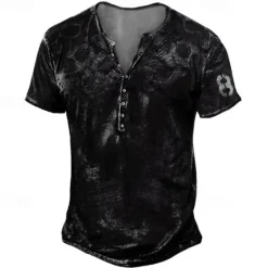 New OUKU Men's T shirt Tee Henley Shirt Graphic Skull Eagle Henley Black-White Black / Gray Black Blue Brown Street Casual Short Sleeve Button-Down Print Clothing Apparel Stylish Vintage Basic Classic