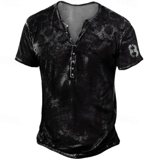 New OUKU Men's T shirt Tee Henley Shirt Graphic Skull Eagle Henley Black-White Black / Gray Black Blue Brown Street Casual Short Sleeve Button-Down Print Clothing Apparel Stylish Vintage Basic Classic