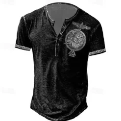 New OUKU Men's T shirt Tee Henley Shirt Graphic Skull Eagle Henley Black-White Black / Gray Black Blue Brown Street Casual Short Sleeve Button-Down Print Clothing Apparel Stylish Vintage Basic Classic