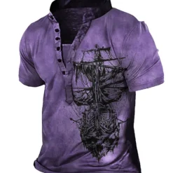 Discount OUKU Men's T shirt Tee Henley Shirt Tee Graphic Rudder Henley Blue Purple Red Brown Gray 3D Print Plus Size Outdoor Daily Short Sleeve Button-Down Print Clothing Apparel Basic Designer Casual Classic