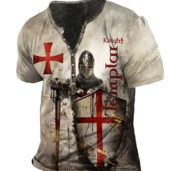 Clearance OUKU Men's T shirt Tee Henley Shirt Tee Designer Basic Casual Shirt Graphic Templar Cross Knights Templar Cross Short Sleeve Shirt Blue Purple Brown Outdoor Daily Sports Henley Summer Clothing Apparel 3D