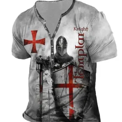 Clearance OUKU Men's T shirt Tee Henley Shirt Tee Designer Basic Casual Shirt Graphic Templar Cross Knights Templar Cross Short Sleeve Shirt Blue Purple Brown Outdoor Daily Sports Henley Summer Clothing Apparel 3D