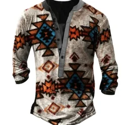Best OUKU Men's T shirt Tee Henley Shirt Graphic Geometry Henley White Blue Camel Brown 3D Print Street Casual Long Sleeve Button-Down Print Clothing Apparel Stylish Vintage Basic Classic