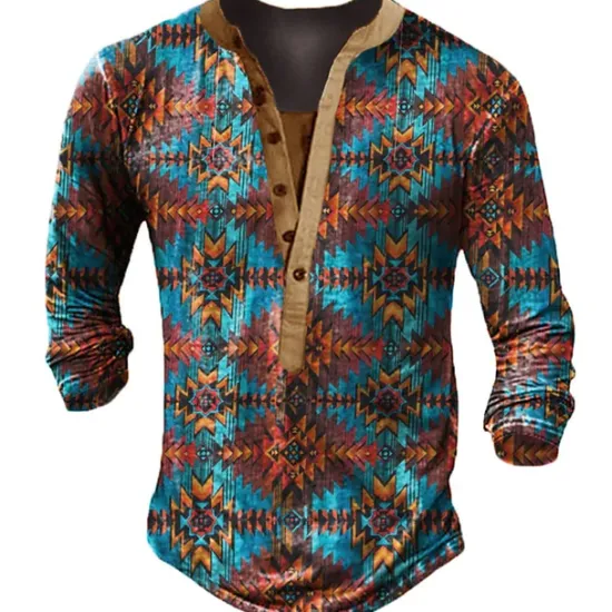 Best OUKU Men's T shirt Tee Henley Shirt Graphic Geometry Henley White Blue Camel Brown 3D Print Street Casual Long Sleeve Button-Down Print Clothing Apparel Stylish Vintage Basic Classic