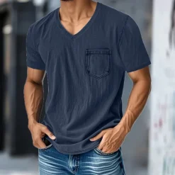 Hot OUKU Men's T Shirt Tee Short Sleeve Shirt Tee Top Short Sleeve V Neck Summer Plain Fashion Designer Basic Pocket Vacation Street Going out Black Navy Blue Blue Top Tee for Men