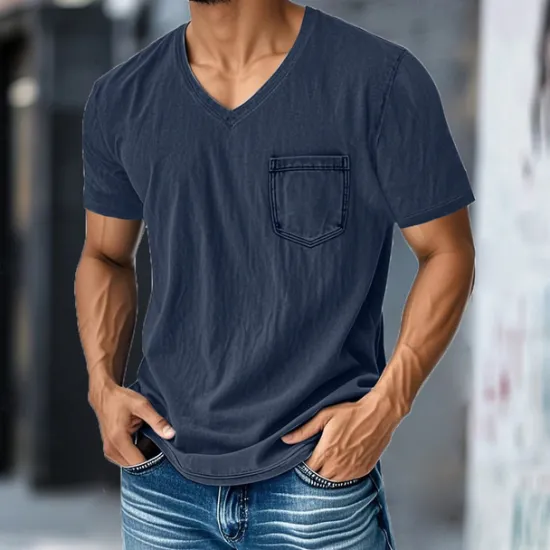 Hot OUKU Men's T Shirt Tee Short Sleeve Shirt Tee Top Short Sleeve V Neck Summer Plain Fashion Designer Basic Pocket Vacation Street Going out Black Navy Blue Blue Top Tee for Men