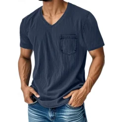 Hot OUKU Men's T Shirt Tee Short Sleeve Shirt Tee Top Short Sleeve V Neck Summer Plain Fashion Designer Basic Pocket Vacation Street Going out Black Navy Blue Blue Top Tee for Men