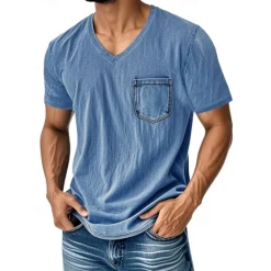 Hot OUKU Men's T Shirt Tee Short Sleeve Shirt Tee Top Short Sleeve V Neck Summer Plain Fashion Designer Basic Pocket Vacation Street Going out Black Navy Blue Blue Top Tee for Men